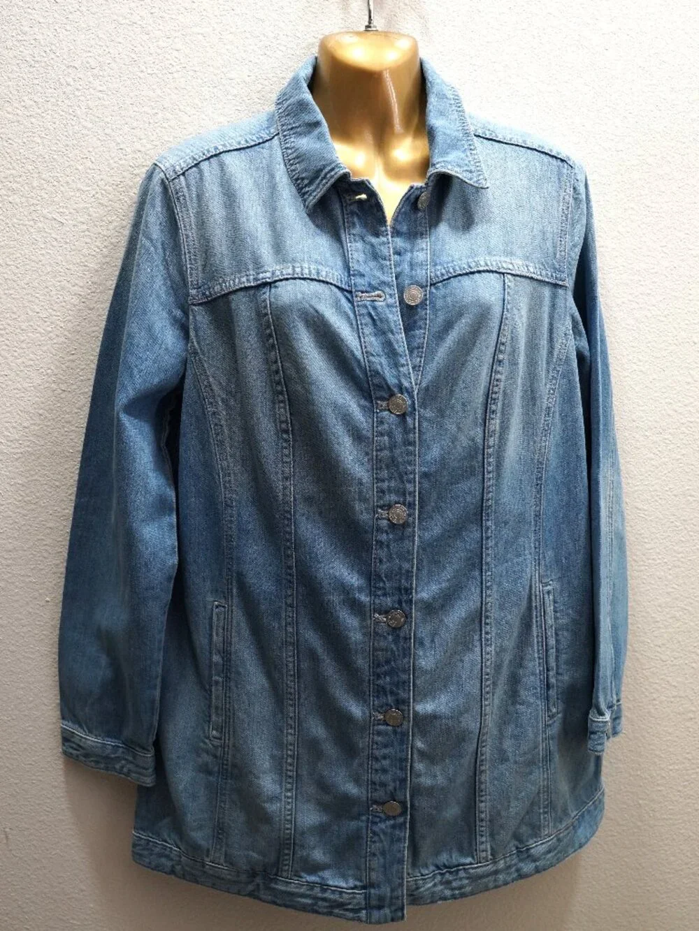 Chico’s Elongated Denim Worn Look Jacket size 1
